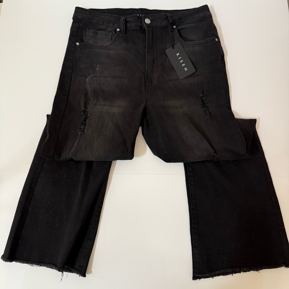 Risen Black Distressed Wide Leg Crop Raw Hem Plus Size Jeans 1X - Picture 1 of 10
